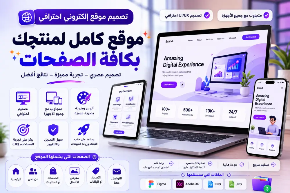 تصميم موقع إلكتروني احترافي كامل لمنتج أو خدمة بجميع الصفحات (UI/UX)