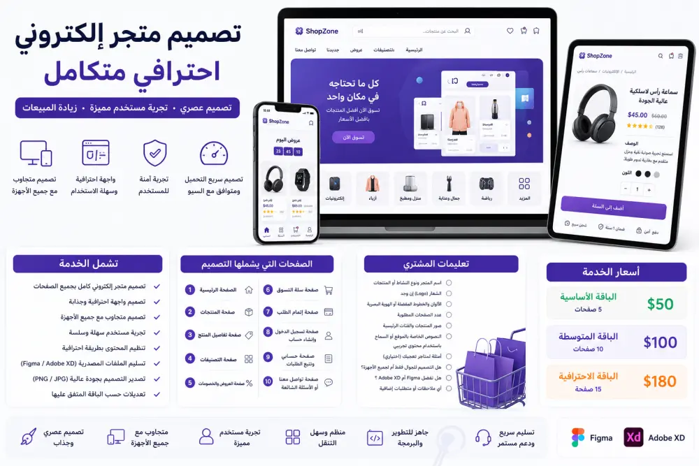 تصميم متجر إلكتروني احترافي (UI/UX) بجميع الصفحات باستخدام Figma أو Adobe XD