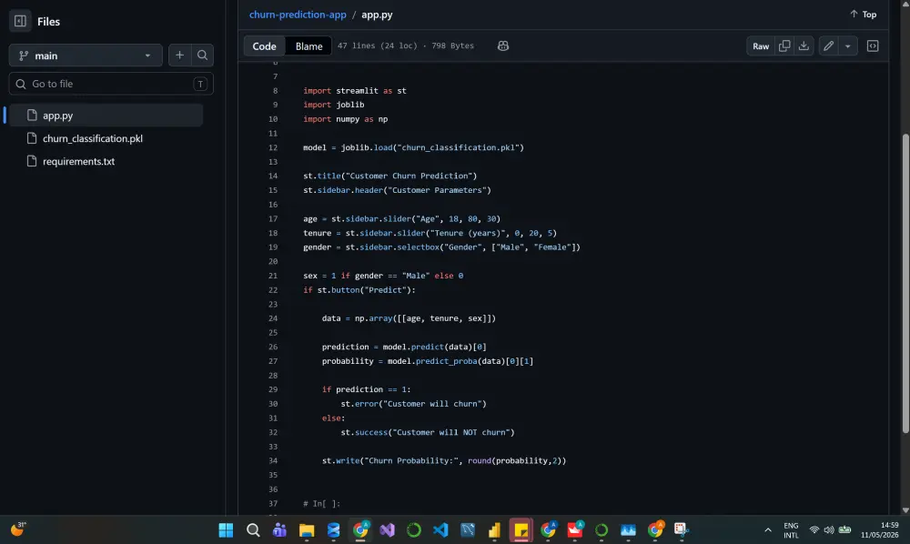 أقوم ببناء تطبيقات Machine Learning احترافية باستخدام Python وStreamlit لعرض التوقعات وتحليل البيانات من خلال واجهة تفاعلية حديثة وسهلة الاستخدام.