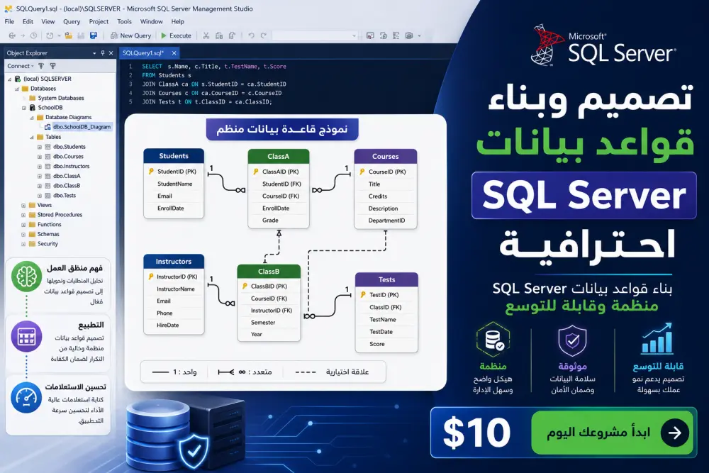 تصميم وبناء قواعد بيانات SQL Server احترافية ومنظمة.