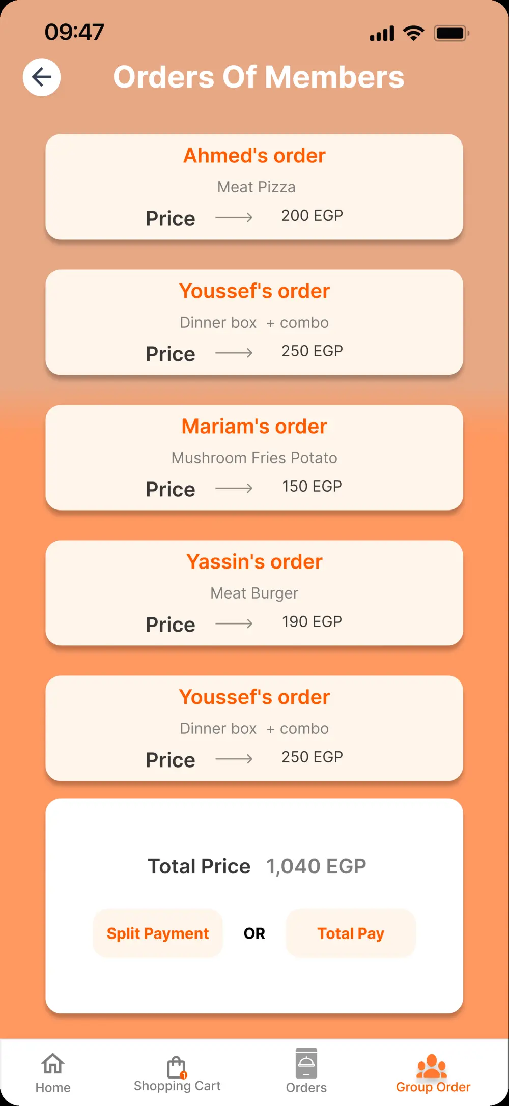 تصميم واجهات تطبيق "جروب أوردر" (Group Order) احترافي بـ Figma