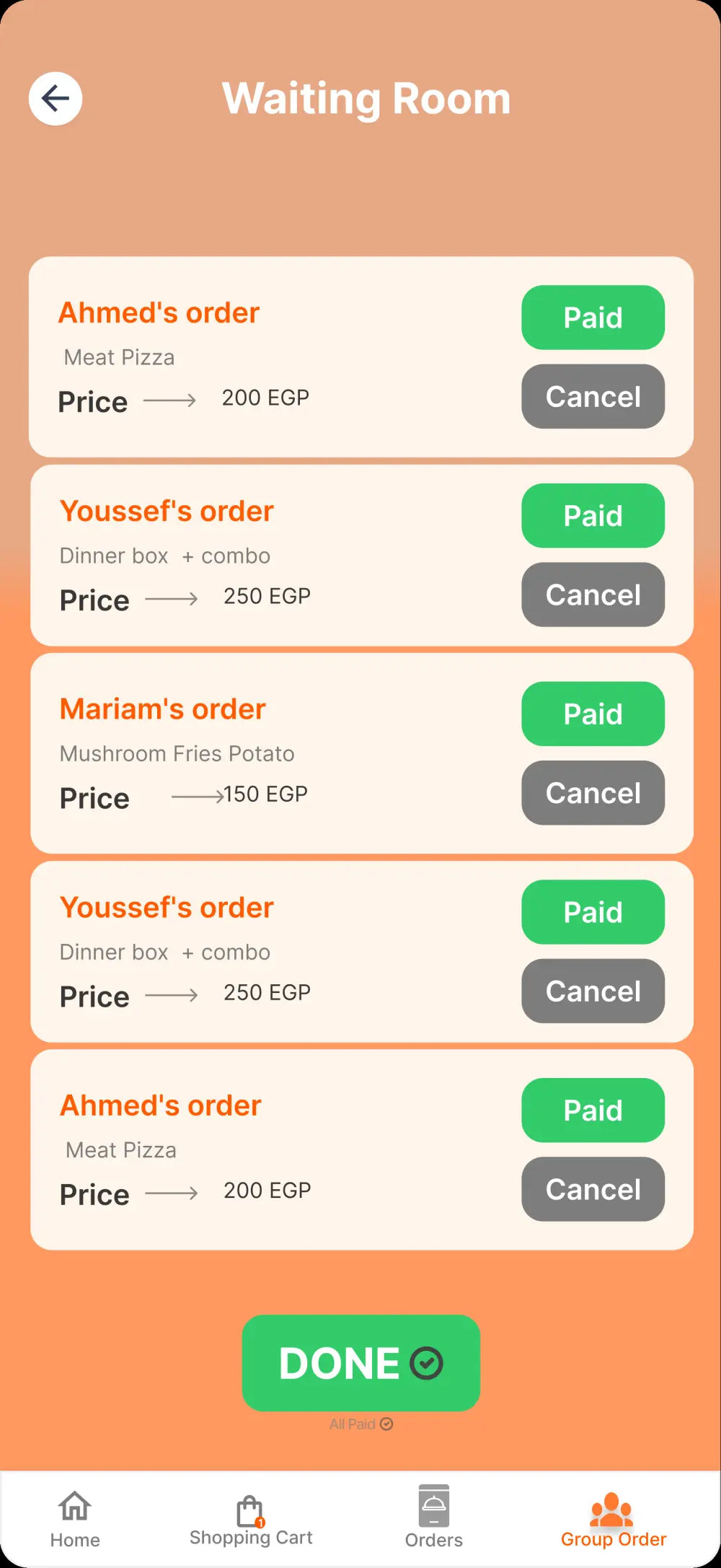تصميم واجهات تطبيق "جروب أوردر" (Group Order) احترافي بـ Figma