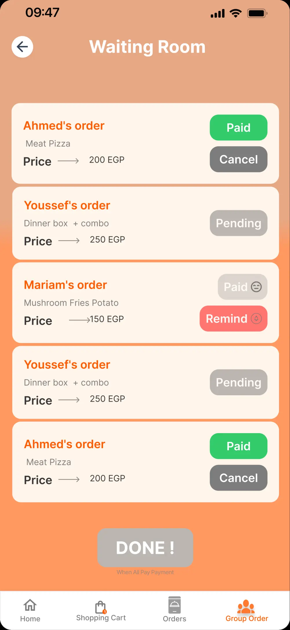 تصميم واجهات تطبيق "جروب أوردر" (Group Order) احترافي بـ Figma