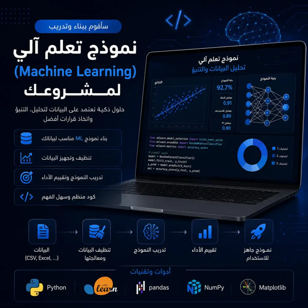 سأقوم ببناء نموذج تعلم آلي (Machine Learning) مخصص لمشروعك باستخدام Python، يساعدك في تحليل البيانات أو التنبؤ بالنتائج أو تصنيف المعلومات.