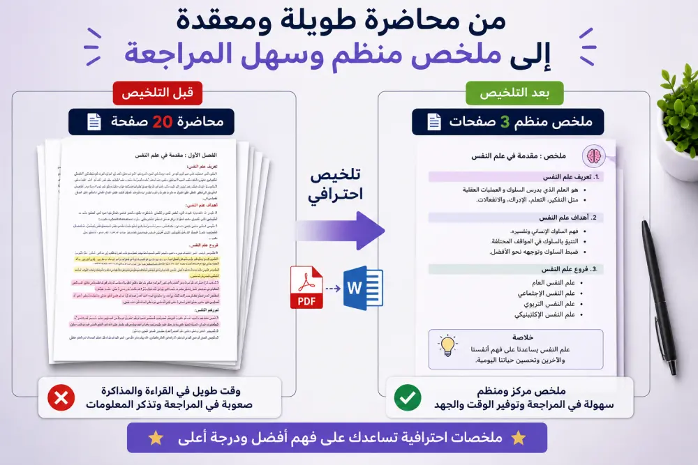 سألخص محاضراتك وملفاتك الدراسية في ملخصات واضحة وسهلة المراجعة