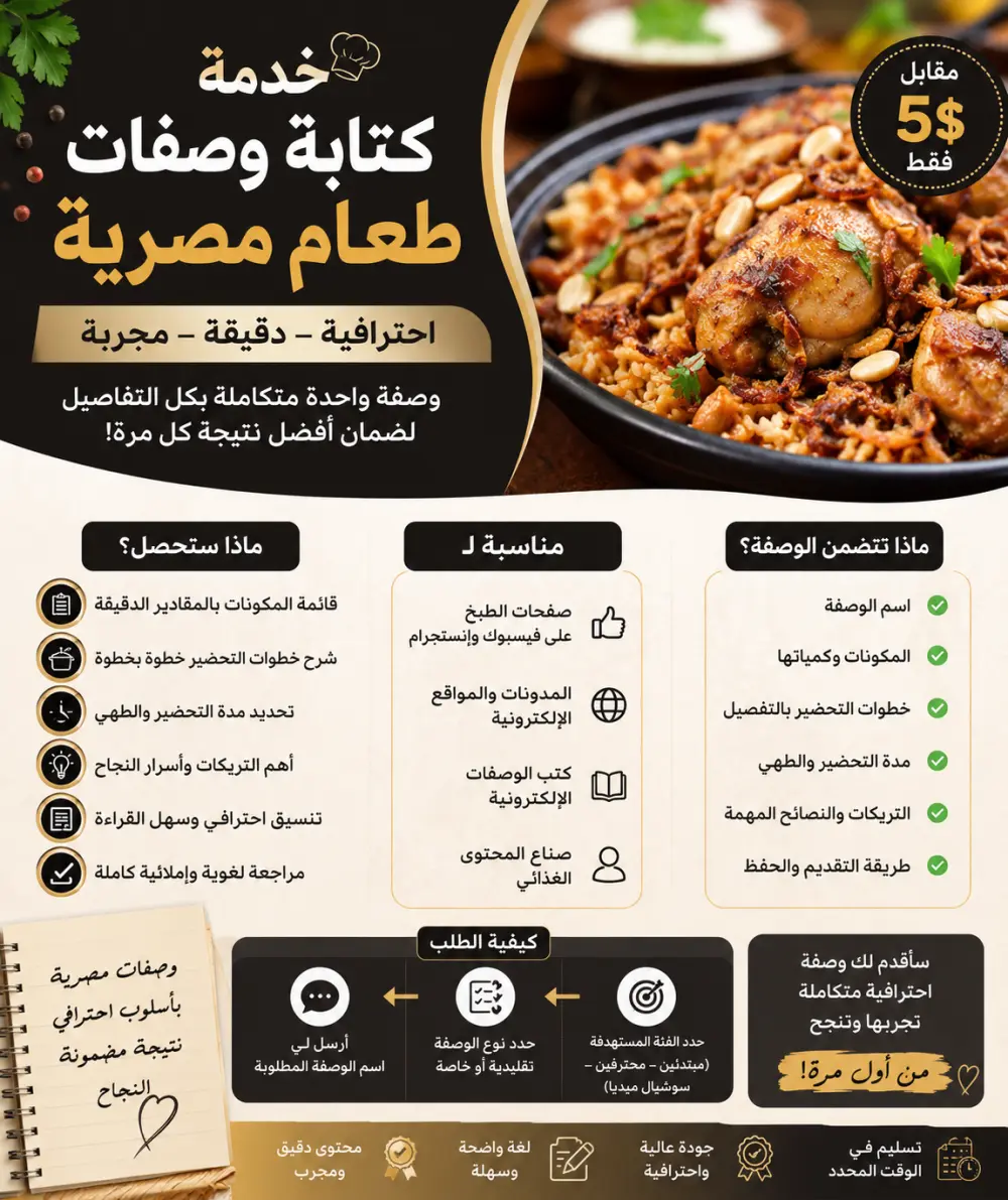كتابة وصفات طعام مصرية احترافية بالمكونات الدقيقة وخطوات التحضير وأسرار النجاح