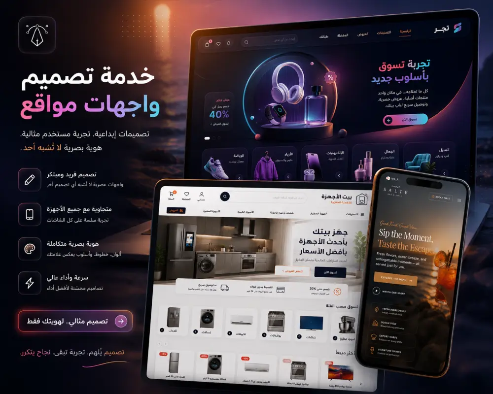 تصميم واجهات مواقع احترافية وفريدة متوافقة مع جميع الأجهزة | UI/UX عصري وجذاب