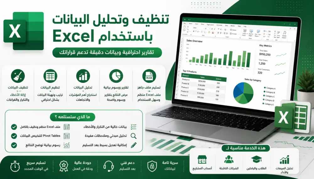 تنظيف وتحليل البيانات باستخدام Excel مع تقارير ورسوم بيانية احترافية