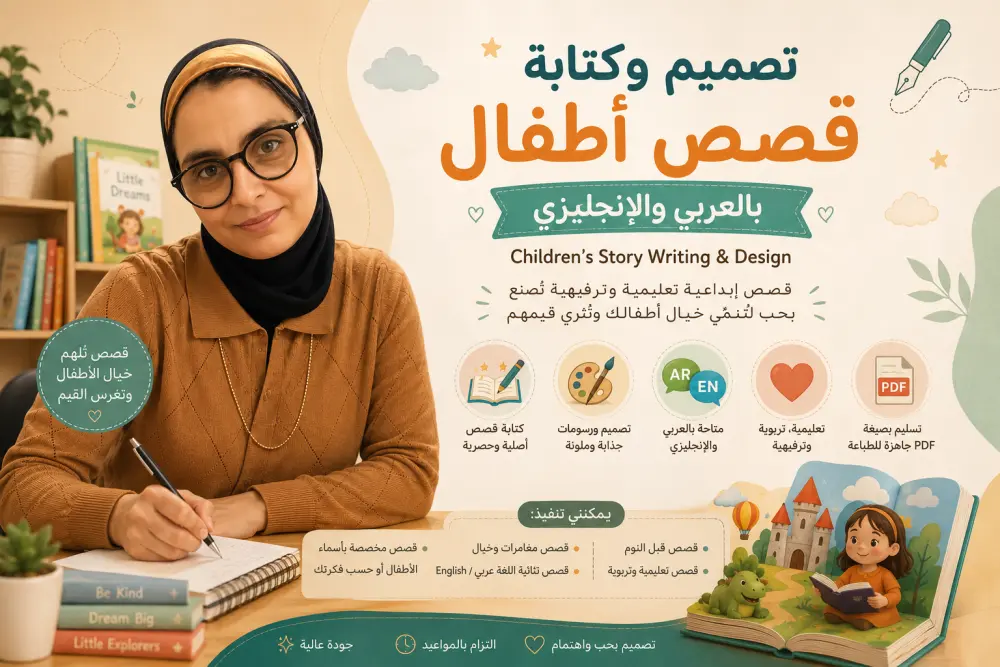 تصميم وكتابة قصص أطفال إبداعية بالعربي والإنجليزي مع رسومات جذابة