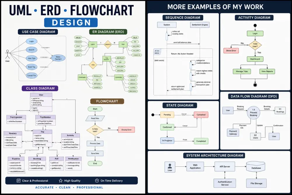 رسم وتصميم مخططات UML و ERD و Flowcharts للمشاريع الأكاديمية والاحترافية