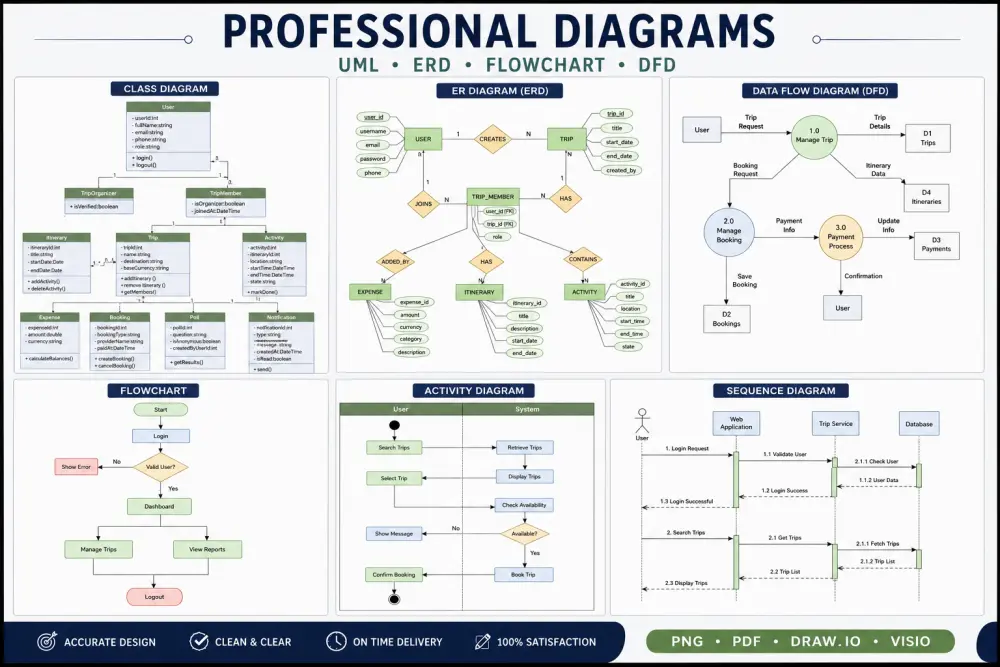 رسم وتصميم مخططات UML و ERD و Flowcharts للمشاريع الأكاديمية والاحترافية