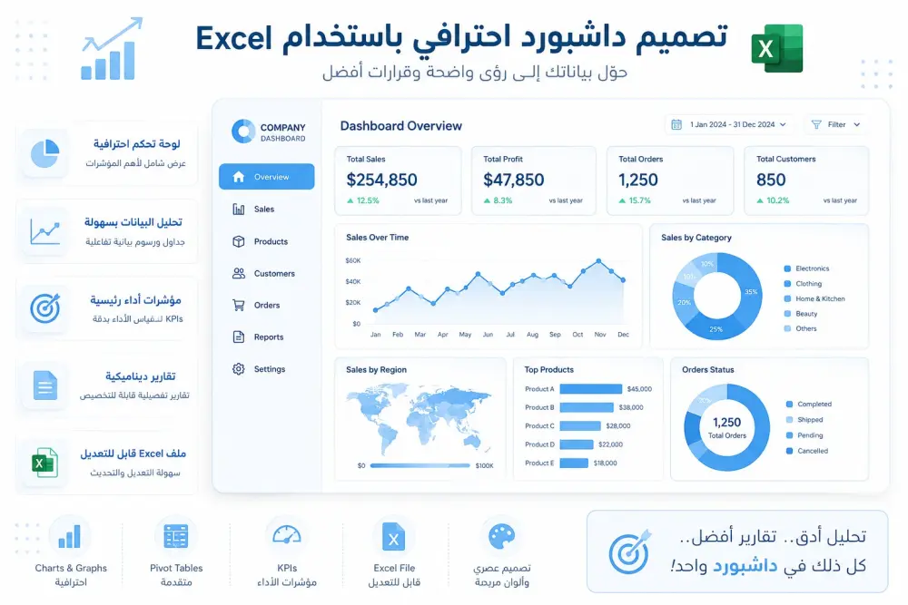 تصميم Dashboard احترافي باستخدام Excel لتحليل البيانات وعرضها بشكل منظم