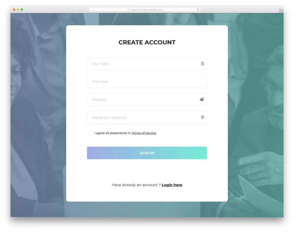 إنشاء صفحة تسجيل حساب حديثة ومتجاوبة تعمل على جميع الأجهزة مع تصميم احترافي وسهل الاستخدام.