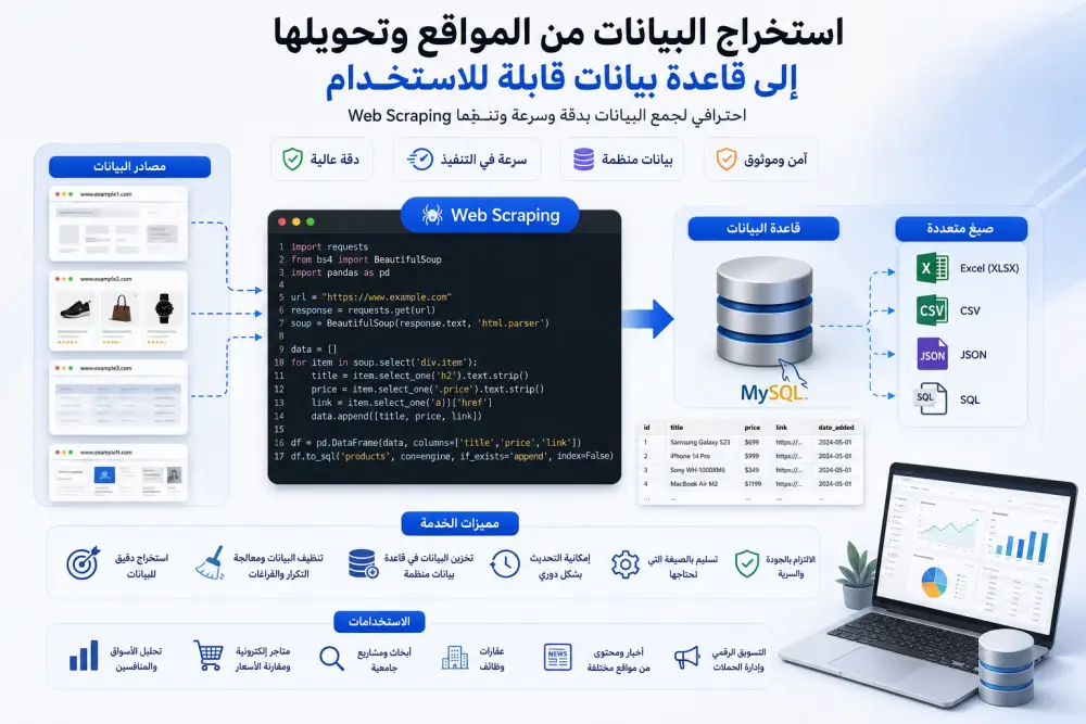 استخراج البيانات من المواقع |  Web Scraping - وتحويلها إلى Excel أو SQL