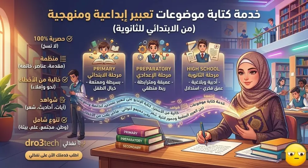 "خدمة كتابة موضوعات تعبير إبداعية ومنهجية (من الابتدائي للثانوية) - حصري، خالي من الأخطاء، ومنظم."