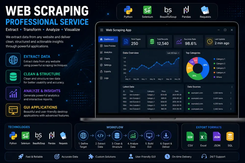 خدمة Web Scraping احترافية مع تطوير واجهات GUI وتحليل البيانات باستخدام Python