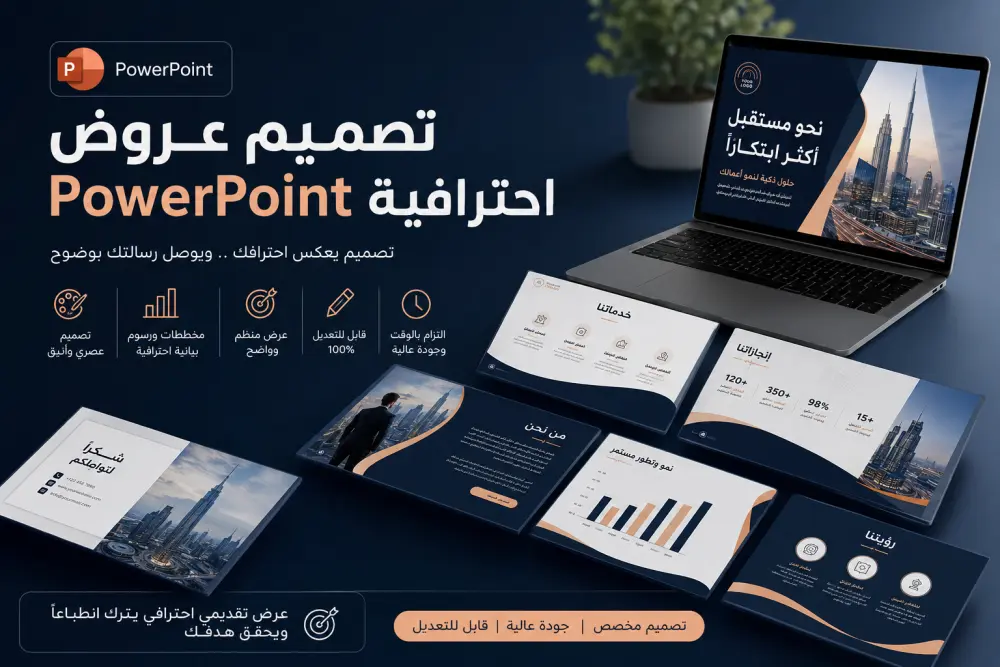 أصمم عروض PowerPoint احترافية وجذابة للشركات والطلاب والمشاريع المختلفة، مع تنسيق احترافي للمحتوى واختيار ألوان وخطوط مناسبة وإضافة عناصر بصرية مميزة. أسلمك ملفًا قابلاً للتعديل بجودة عالية يساعدك على تقديم أفكارك بشكل واضح واحترافي