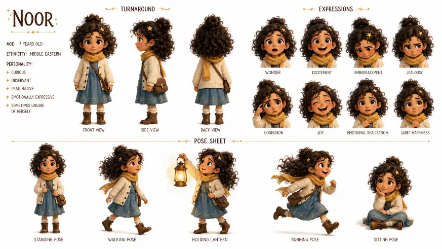 سأصمم شخصيات متناسقة ثابتة لقصص الأطفال مع Character Reference Sheet