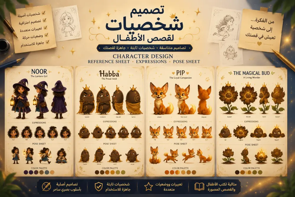 سأصمم شخصيات متناسقة ثابتة لقصص الأطفال مع Character Reference Sheet