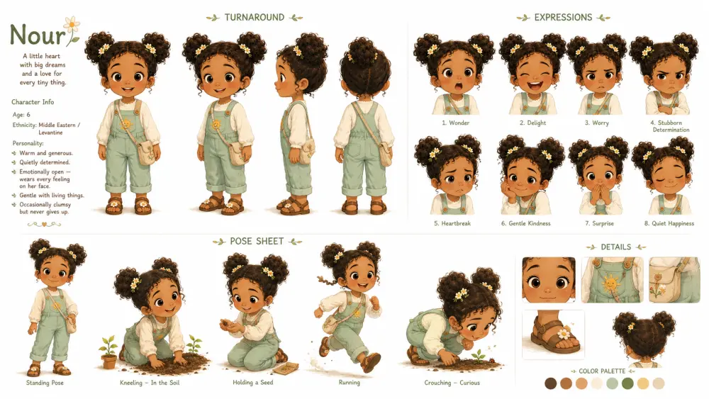 سأصمم شخصيات متناسقة ثابتة لقصص الأطفال مع Character Reference Sheet