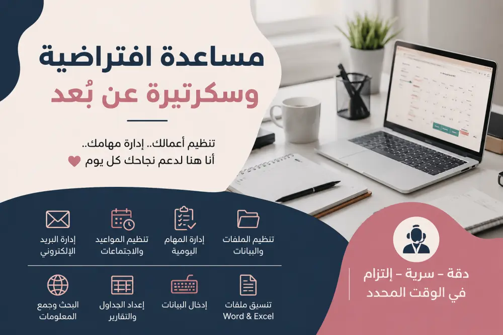 مساعدة افتراضية وسكرتيرة عن بُعد لتنظيم الأعمال والمهام اليومية