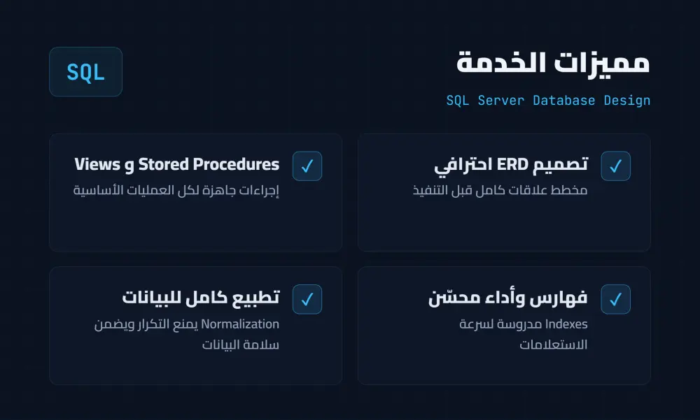 سأصمم لك قاعدة بيانات SQL Server منظمة ومناسبة لمشروعك