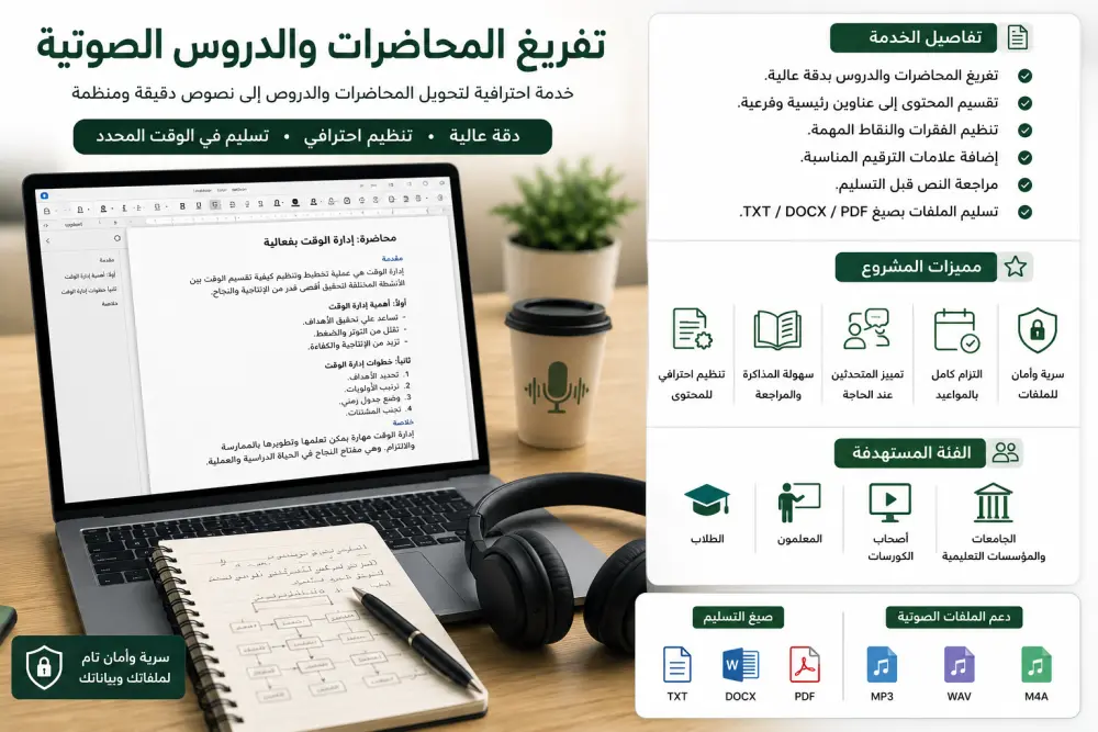 سأقوم بتحويل الملفات الصوتية أو المرئية إلى نصوص مكتوبة بدقة عالية مع تنسيق احترافي ومراجعة لغوية شاملة، لتكون جاهزة للاستخدام في الدراسة أو العمل أو النشر.   اقدم بسعر 10$ حتى ٣٠ دقيقة اذا كان أطول سيقل السعر والسعر قابل للتفاوض حسب طول الملف ومجهود