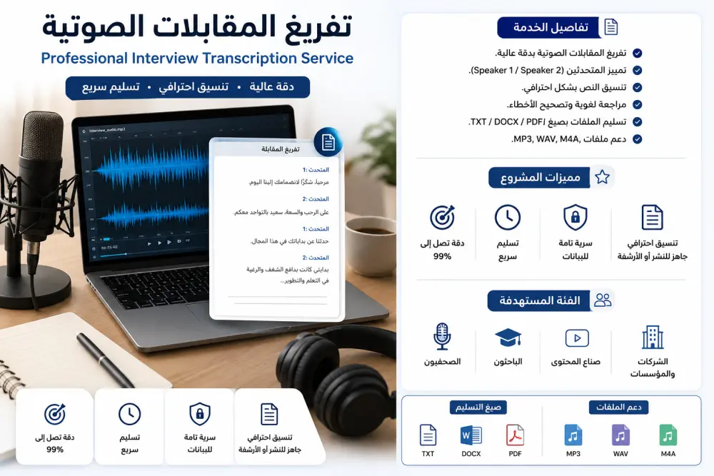 سأقوم بتحويل الملفات الصوتية أو المرئية إلى نصوص مكتوبة بدقة عالية مع تنسيق احترافي ومراجعة لغوية شاملة، لتكون جاهزة للاستخدام في الدراسة أو العمل أو النشر.   اقدم بسعر 10$ حتى ٣٠ دقيقة اذا كان أطول سيقل السعر والسعر قابل للتفاوض حسب طول الملف ومجهود