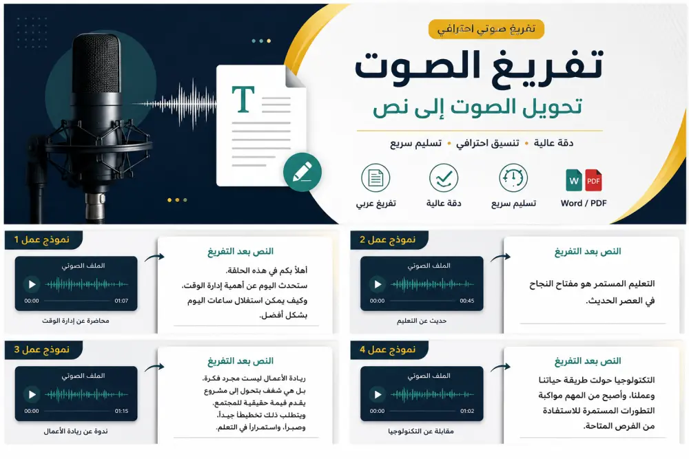 سأقوم بتحويل الملفات الصوتية أو المرئية إلى نصوص مكتوبة بدقة عالية مع تنسيق احترافي ومراجعة لغوية شاملة، لتكون جاهزة للاستخدام في الدراسة أو العمل أو النشر.   اقدم بسعر 10$ حتى ٣٠ دقيقة اذا كان أطول سيقل السعر والسعر قابل للتفاوض حسب طول الملف ومجهود