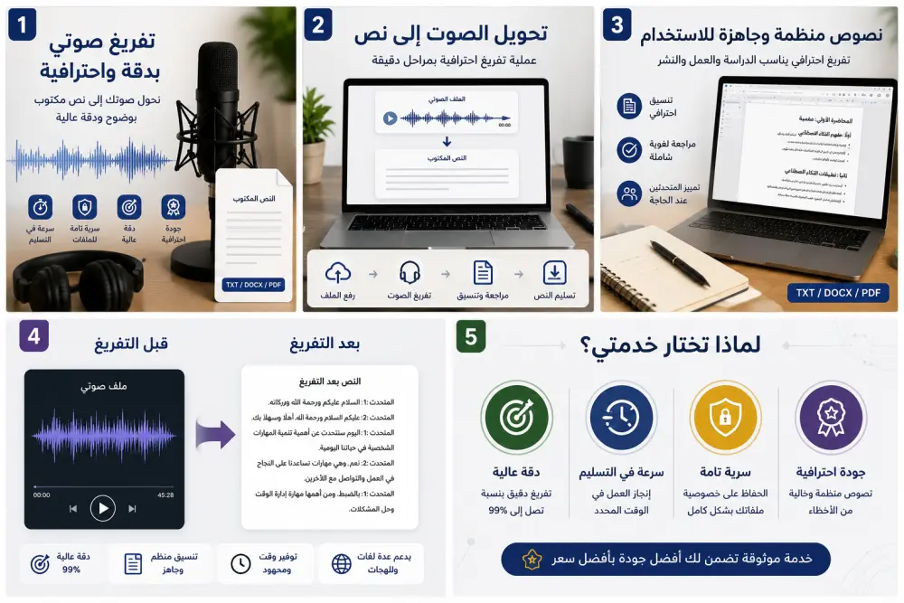 سأقوم بتحويل الملفات الصوتية أو المرئية إلى نصوص مكتوبة بدقة عالية مع تنسيق احترافي ومراجعة لغوية شاملة، لتكون جاهزة للاستخدام في الدراسة أو العمل أو النشر.   اقدم بسعر 10$ حتى ٣٠ دقيقة اذا كان أطول سيقل السعر والسعر قابل للتفاوض حسب طول الملف ومجهود
