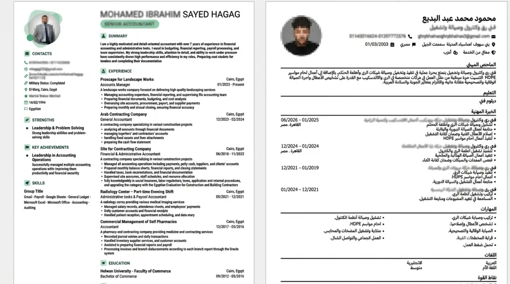 تصميم وكتابة سيرة ذاتية (CV) احترافية باللغتين العربية والإنجليزية.