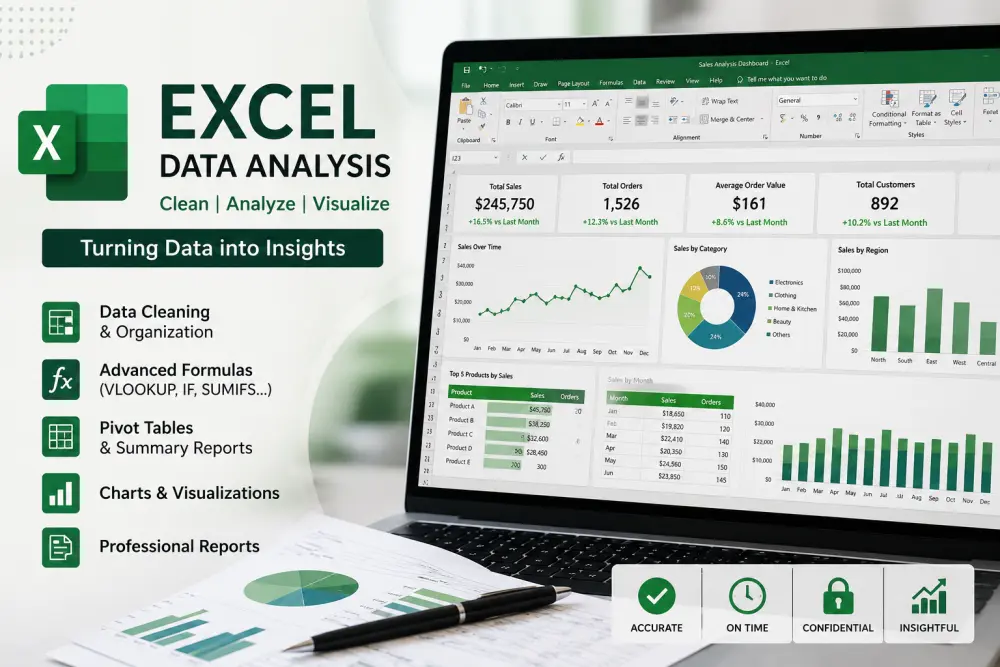 تحليل وتنظيف البيانات علي excel وإنشاء pivot tables وعرض المعلومات في لوحه معلومات علي excel
