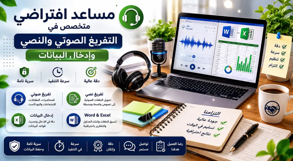مساعد افتراضي ومتخصص في التفريغ الصوتي والنصي وإدخال البيانات