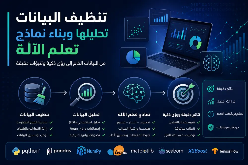 تنظيف البيانات وتحليلها واستخراج الرؤى المهمة منها، بالإضافة إلى بناء نماذج تعلم الآلة