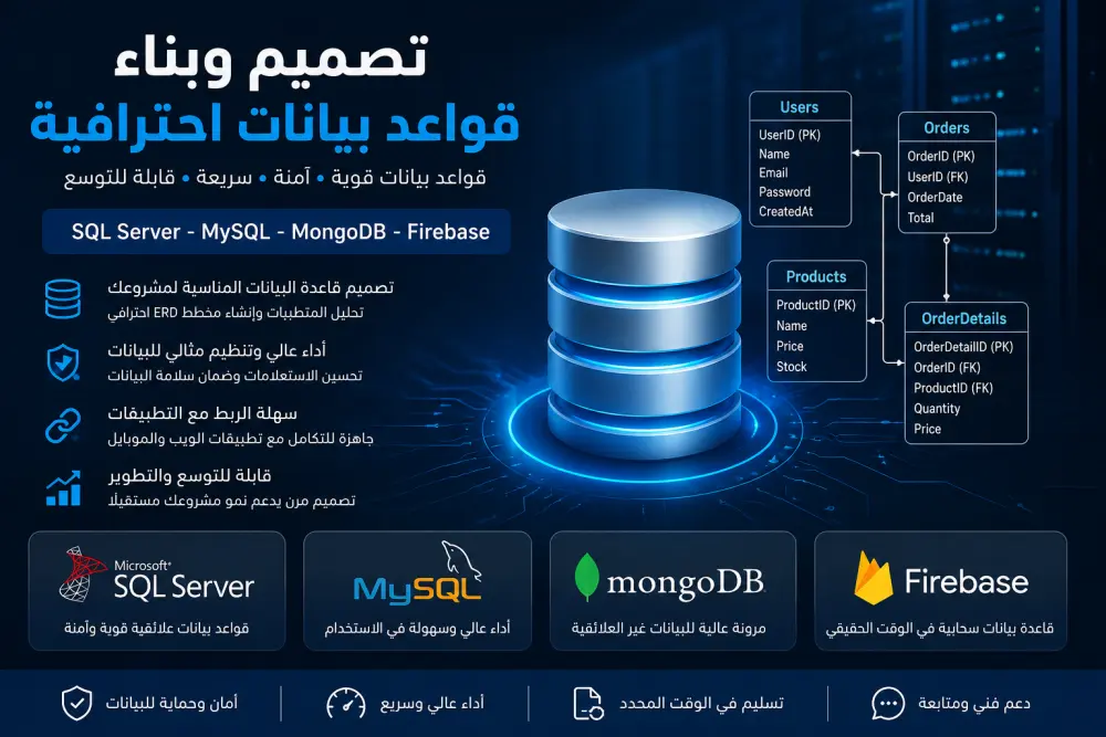 سأقوم بتصميم وبناء قواعد بيانات احترافية للمواقع باستخدام SQL Server وMySQL وMongoDB و Redis