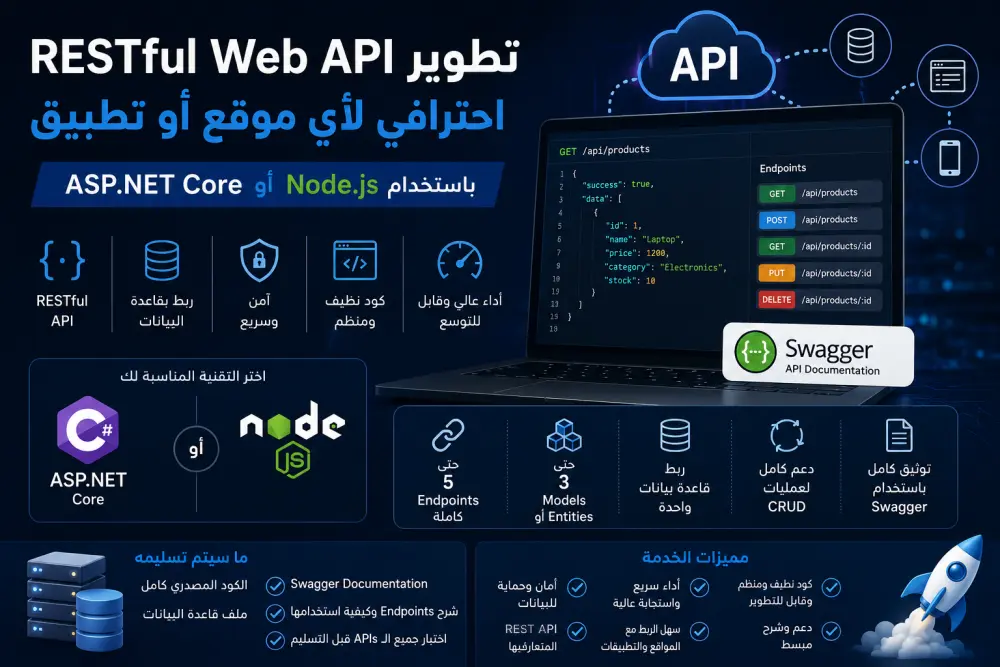 سأقوم بتطوير RESTful Web API احترافي باستخدام ASP.NET Core أو Node.js