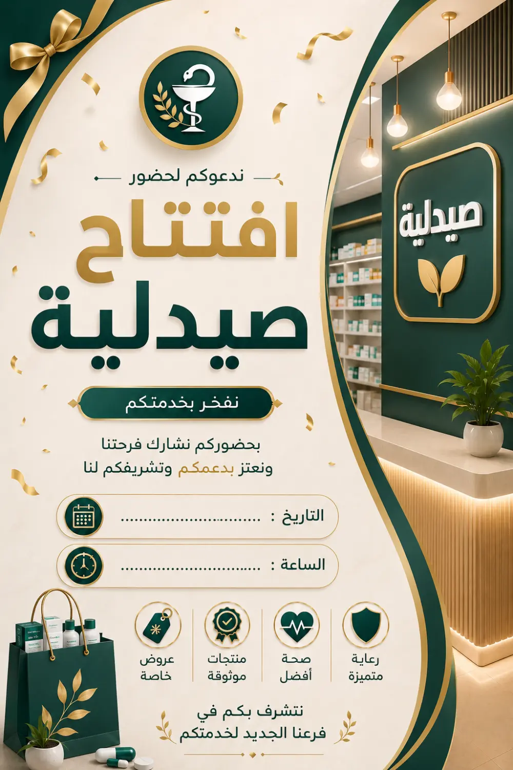 🎉 تصميم دعوة افتتاح صيدلية باحترافية وأناقة