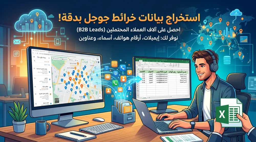 استخراج بيانات من خرائط جوجل – قائمة تجار مع الإيميلات ووسائل التواصل | دقيقة ومحدثة