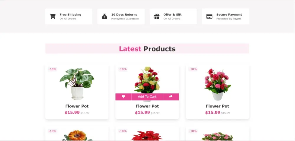 تصميم واجهة متجر زهور (Flower Shop) متجاوب وعصري