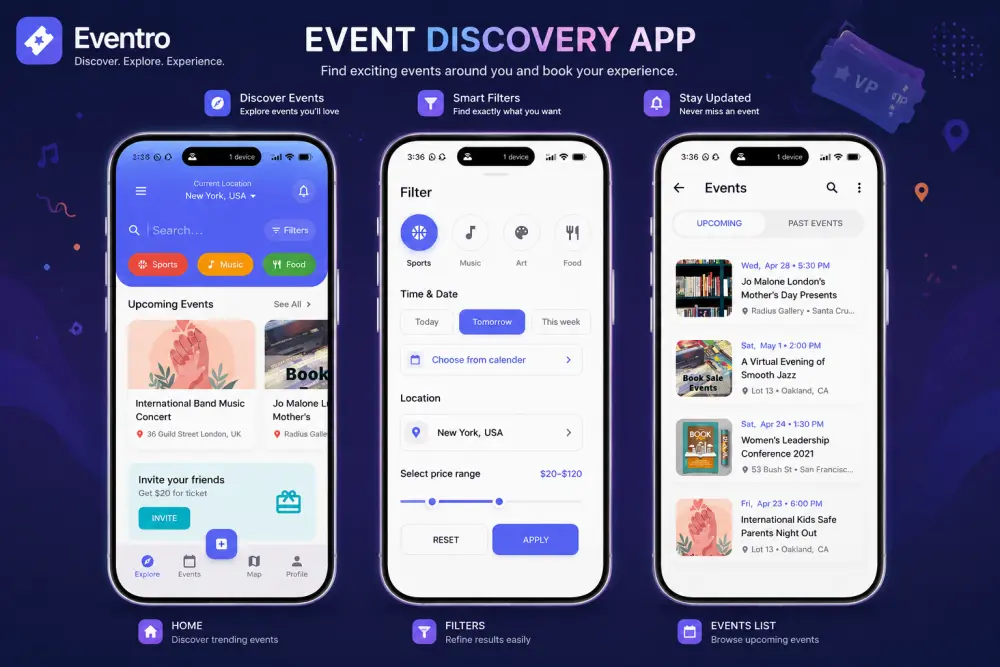 خدمة تطوير تطبيقات الفعاليات وحجز الأحداث (Event Discovery)