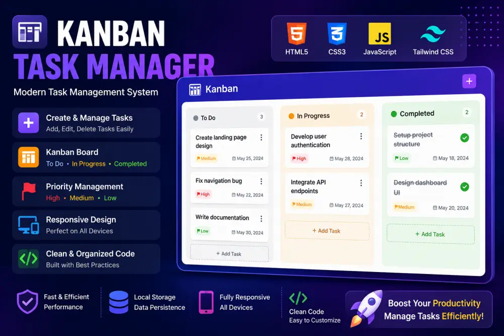 سأقوم بإنشاء نظام إدارة مهام Kanban احترافي باستخدام JavaScript