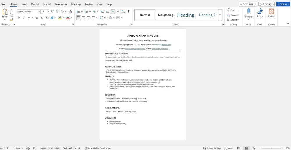 تصميم سيرة ذاتية احترافية ATS  موقع CV شخصي  Word و PDF