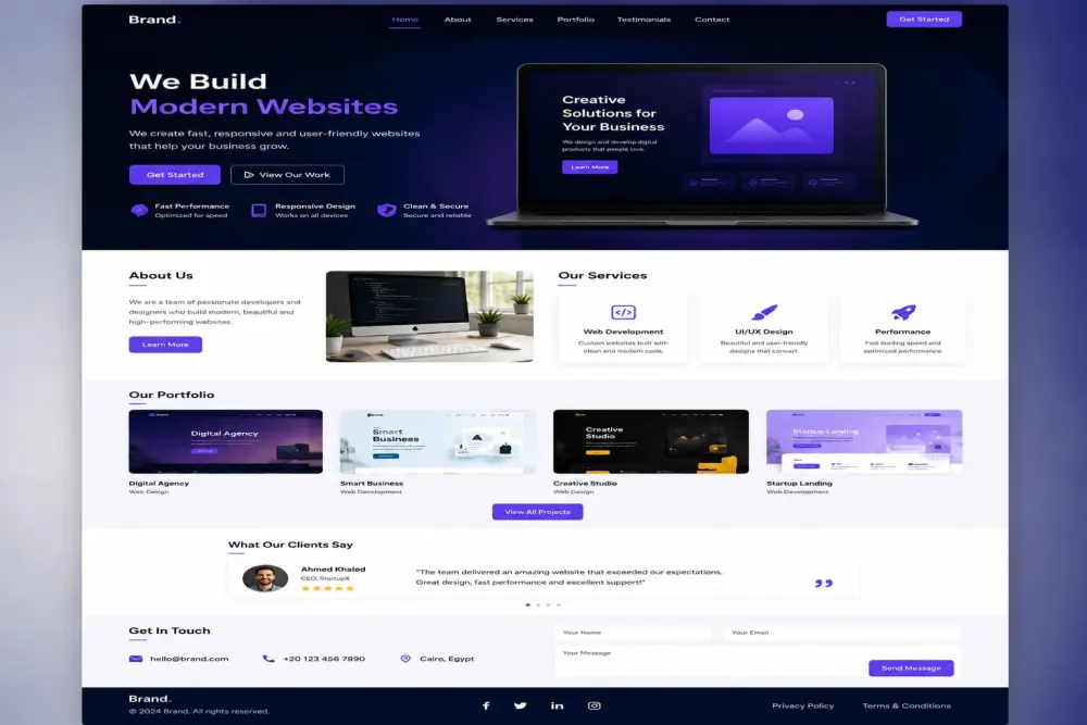 تطوير صفحة ويب احترافية ومتجاوبة باستخدام HTML, CSS, JavaScript"