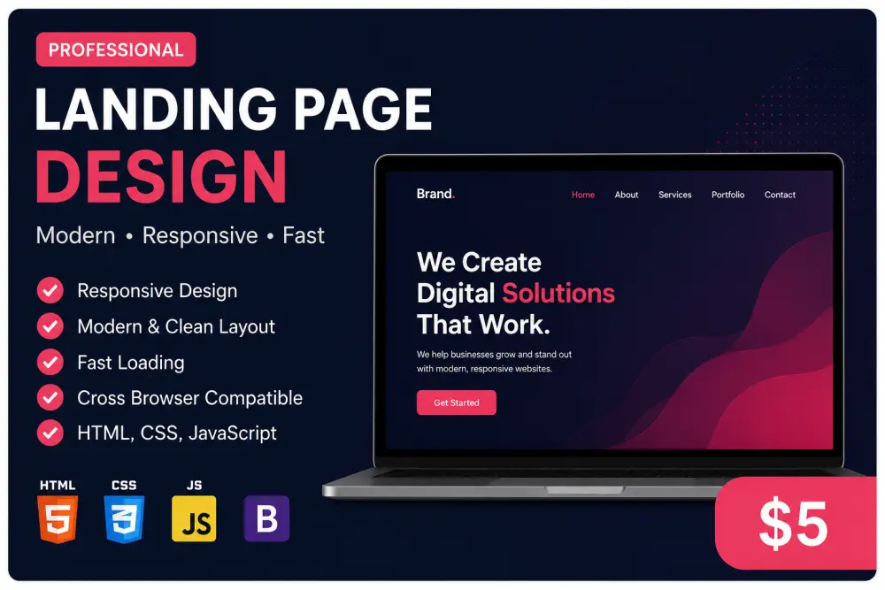 سأصمم Landing Page احترافية ومتجاوبة باستخدام HTML و CSS و JavaScriptوBootstrap
