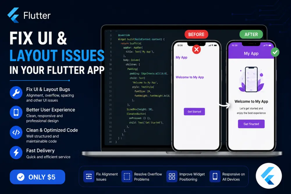 سأقوم بتحليل وإصلاح الأخطاء والمشاكل الموجودة في تطبيق Flutter الخاص بك بدقة وسرعة.