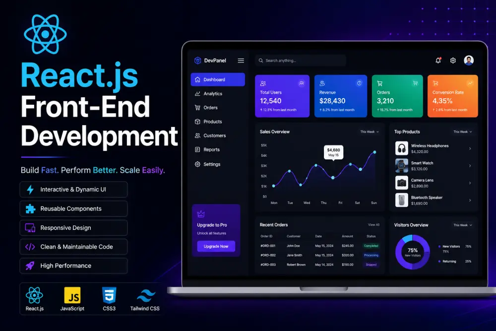 سأطور واجهات Front-End تفاعلية باستخدام React.js بتصميم حديث وأداء عالي ومتوافق مع جميع الشاشات والمتصفحات.