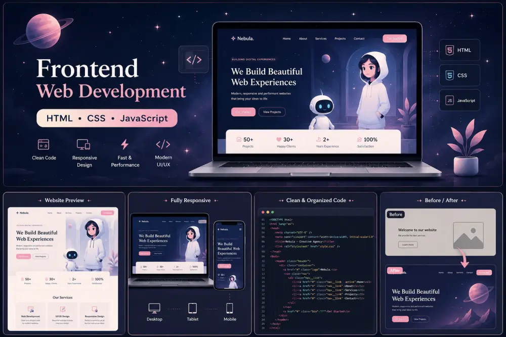 سأقوم بإنشاء وتعديل صفحات ويب باستخدام HTML CSS JavaScript
