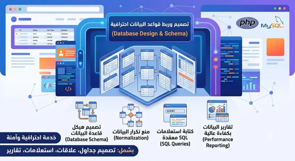 تصميم قواعد بيانات MySQL احترافية وكتابة استعلامات مخصصة.