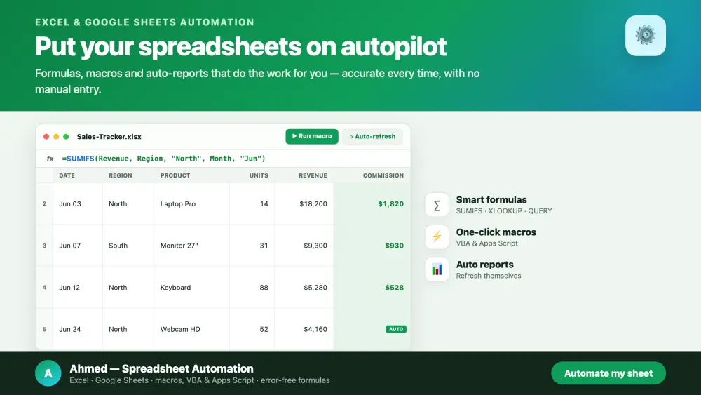 أتمتة ملفات Excel و Google Sheets بالمعادلات والماكرو وتقارير تلقائية