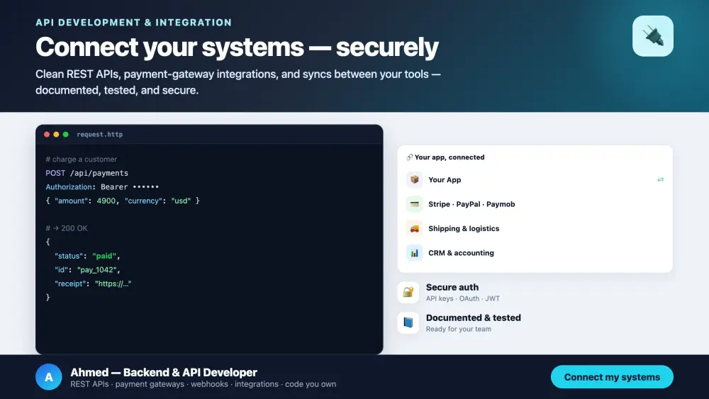 تطوير وتكامل واجهات API وربط أنظمتك وبوابات الدفع